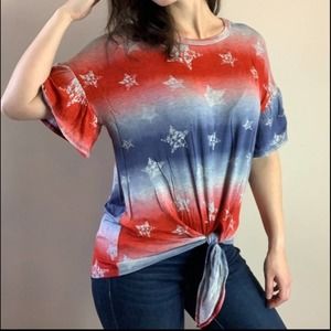 Short sleeve tie front shirt red blue stars